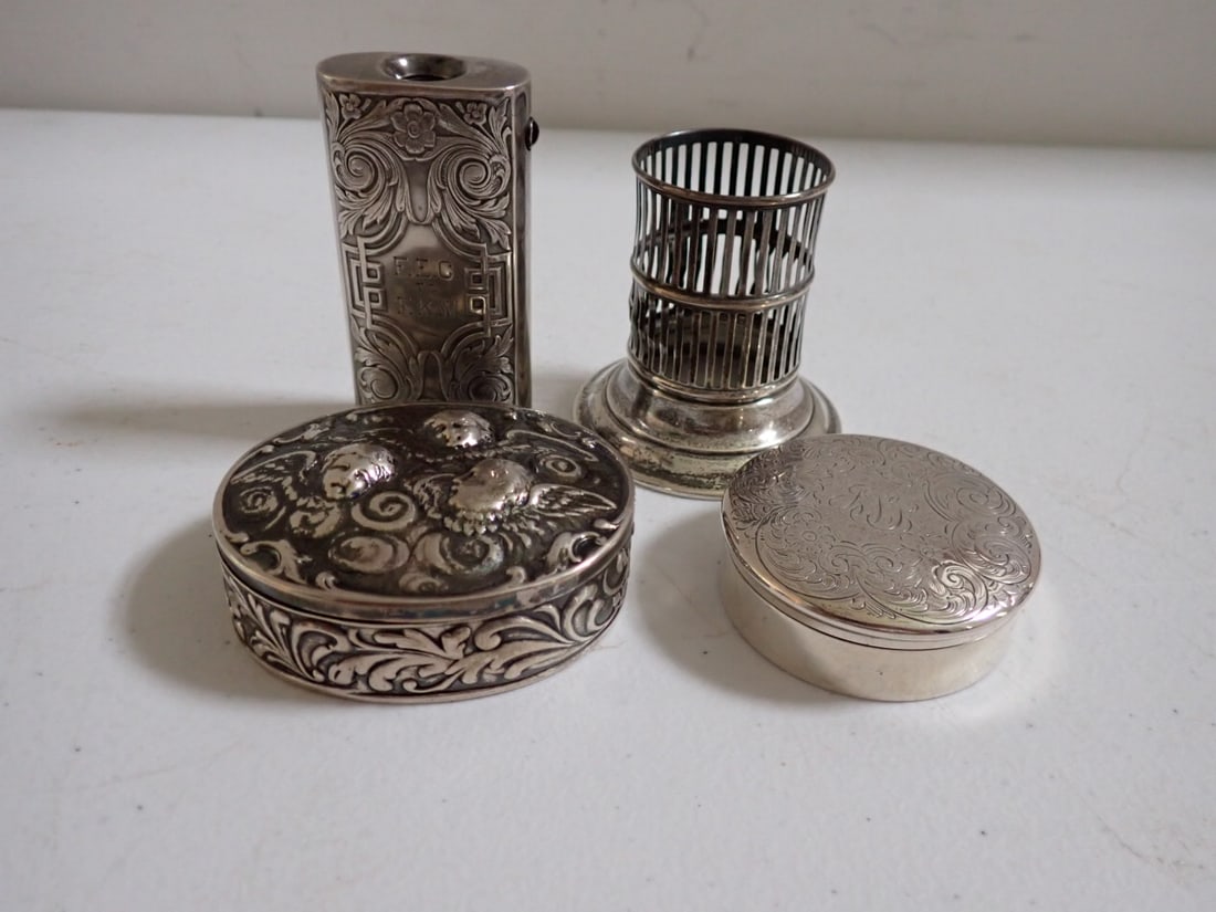 (2) Sterling Pill boxes, Sterling Pocket Flashlight case, & Sterling  holder (1 of 14)