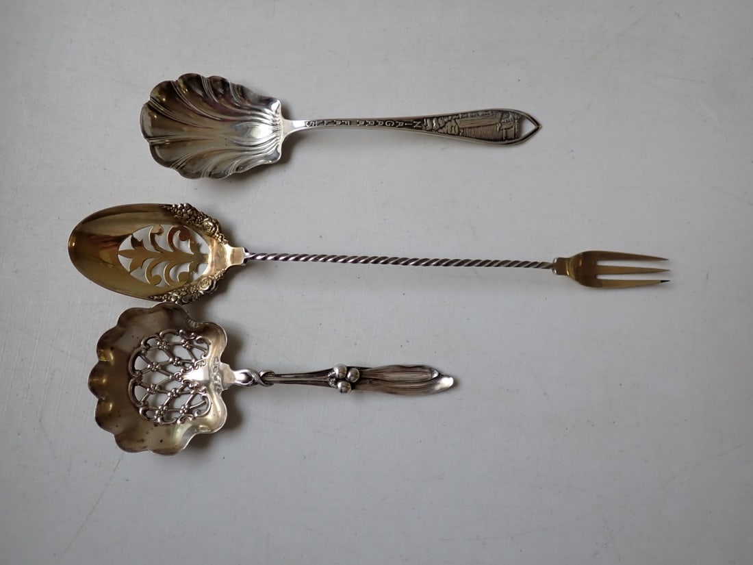 Sterling Combination Olive Fork & Spoon, Bonbon & other Serving Spoon: Sugar Spoon has Landscape Design with Waterfall