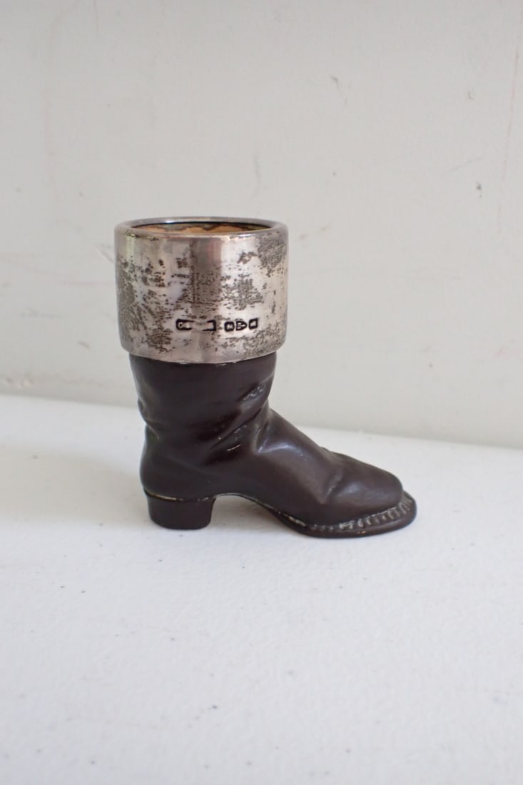 Royal Doulton Lamberth Boot Shaped Match Holder with Silver: Hallmarked Silver Band on Boot Shaped Match Holder signed Royal Doulton England 1198 k. 2 3/4"