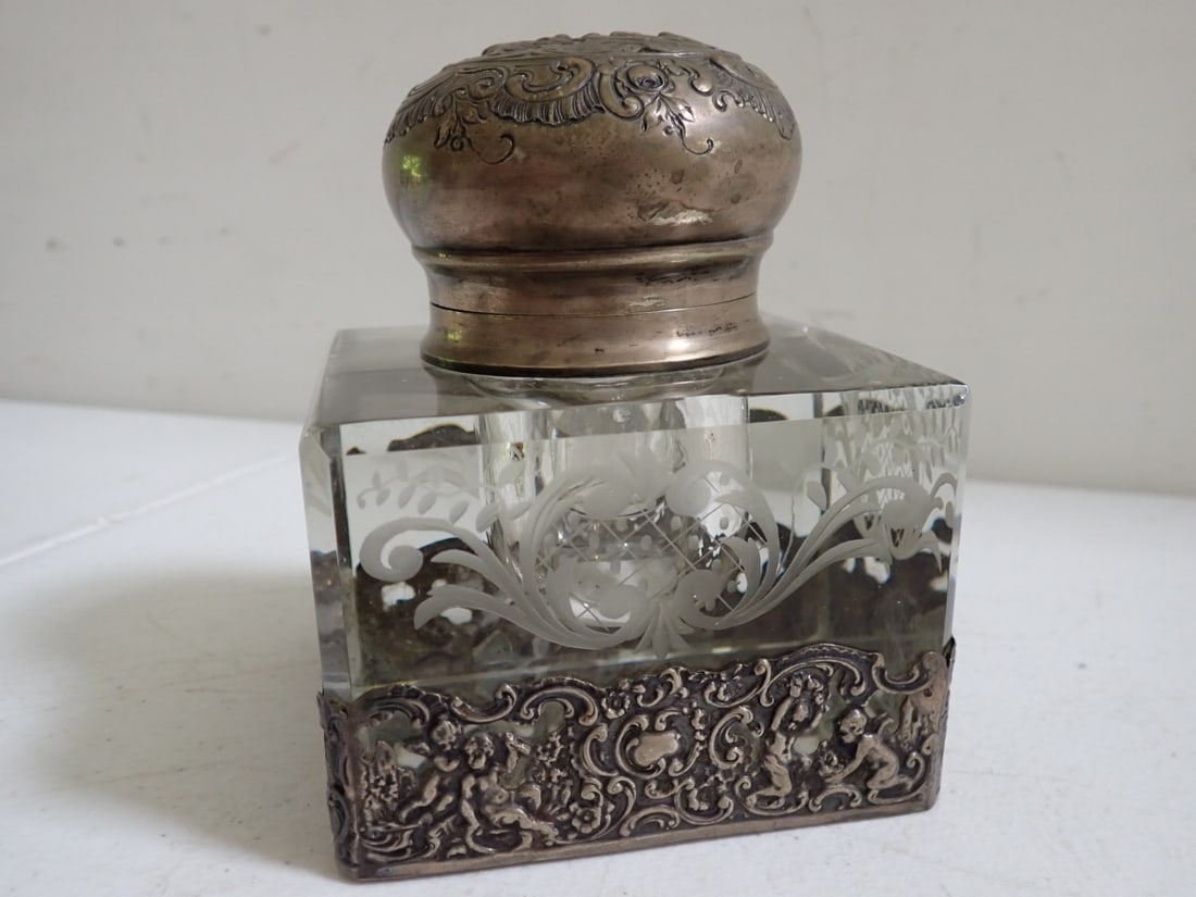 Ornate .800 Silver and Crystal Ink Well (1 of 11)