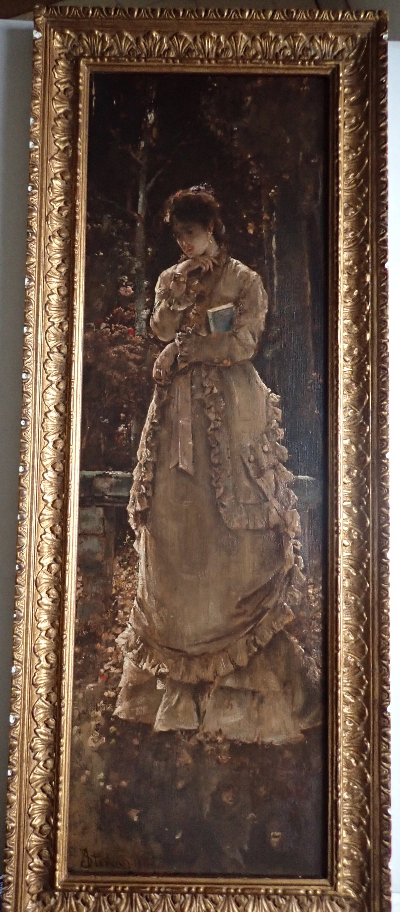 Alfred Stevens "Autumn" Canvas laid on Panel Painting: A conservator restoration was done decades ago. Scattered retouch. This item is available for in person inspection on October 12th from 10:00 AM to 2:00 PM at the Hilton Garden Inn in Marlborough, MA.