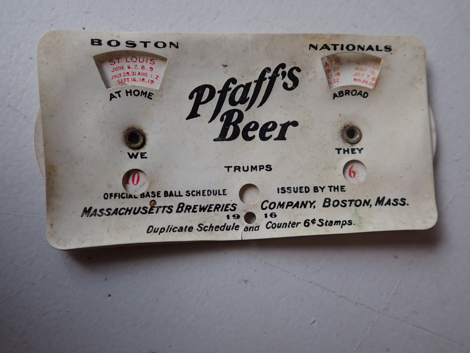 1916 Pfaff's Beer Boston Braves Celluloid Schedule / Scorer: Breweriana and Baseball Cross-collectible. Braves won the World Series in 1914 and finished 3rd in 1916. "Massachusetts Breweries Company, Boston, Mass." Has a little warping of celluloid and some fad