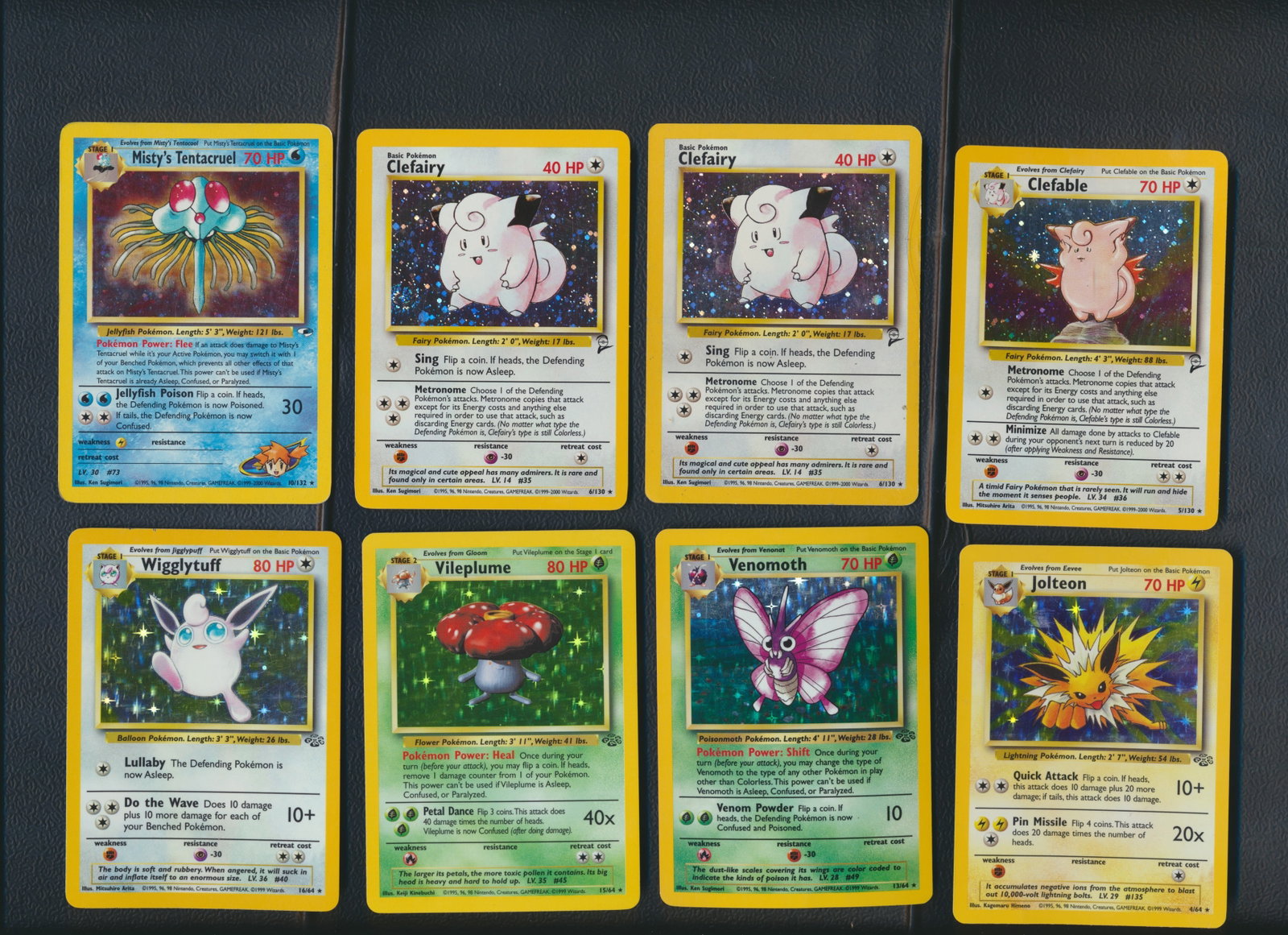 1999 Pokemon Jungle, 2000 Base & Gym Heroes Holos: 8 Cards - Jolteon 4/64, Venomoth 13/64, Vileplume 15/64, Wigglytuff 16/64, Clefable 5/130, Clefairy 6/130, Clefairy 6/130, Misty's Tentacruel 10/132. 8 Hologram Cards from same collector as graded car