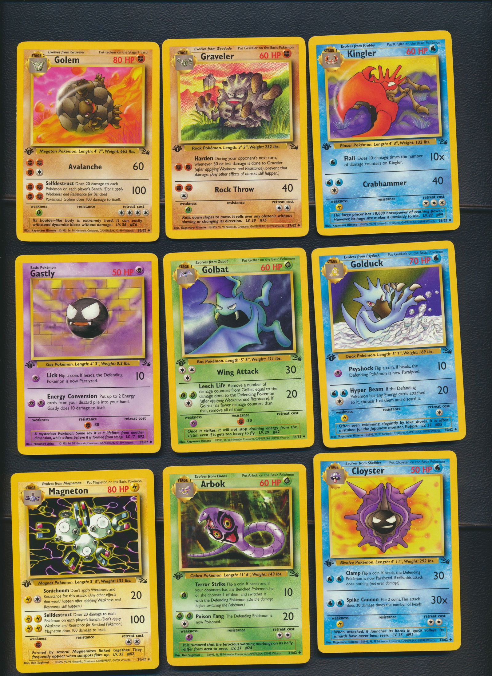 1999 Pokemon Fossil 1st Edition Cards - 33 Cards: Non Holo 33 Cards of the 62 set. Never played with. Same collector as graded cards. See Scans for condition.