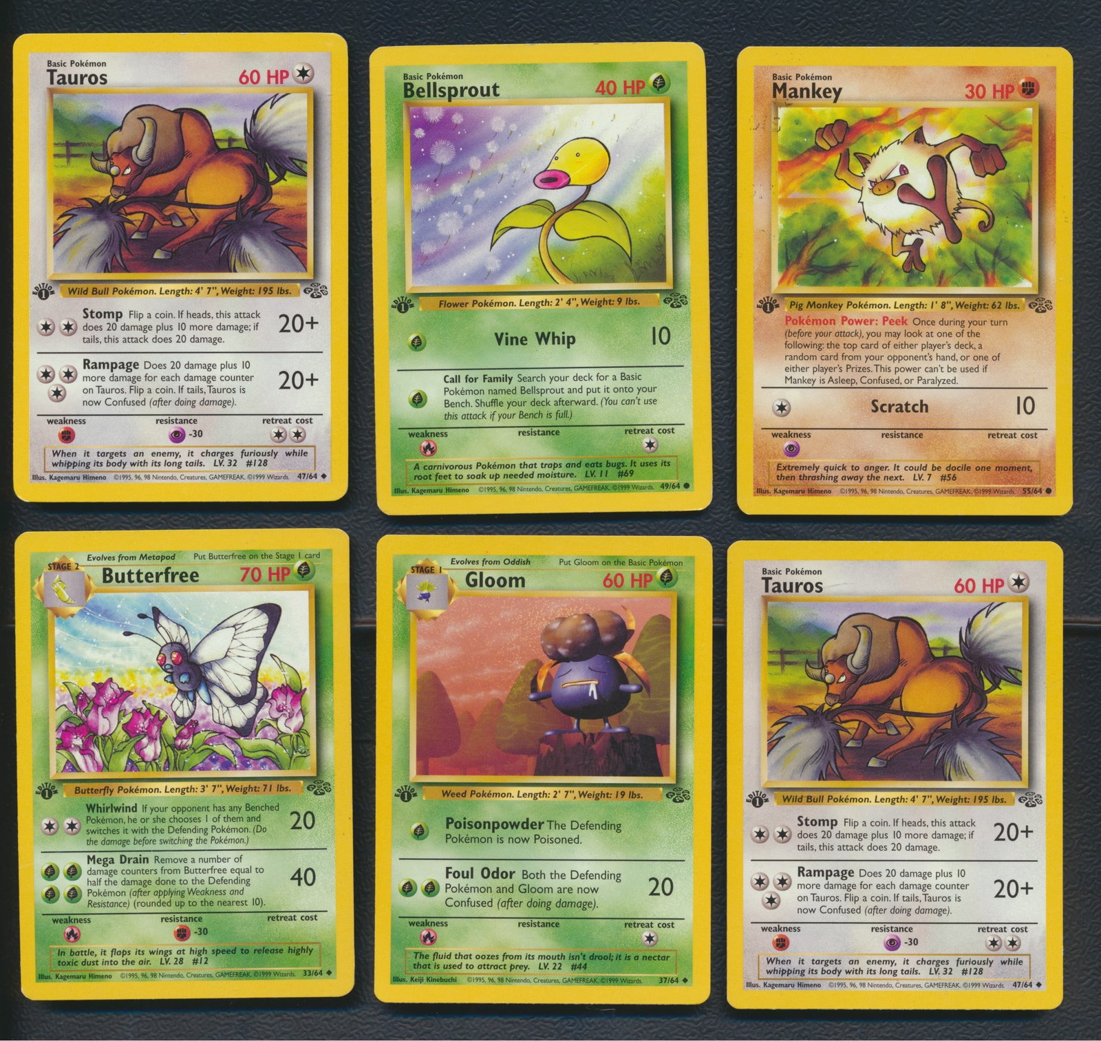 1999 Pokemon Jungle 1st Edition 11 cards: Butterfree 33/64, Gloom 37/64, Tauros 47/64, Tauros 47/64, Bellsprout 49/64, Weepinbell 48/64, Mankey 55/64, Mankey 55/64, Oddish 58/64, Pikachu 60/64, Venonat 63/64. Never played with. Same collector