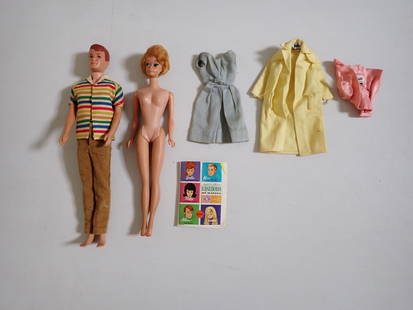 Vintage Bubble Cut Barbie and Ken Doll with Clothes: Some clothing has barbie tags. Barbie & Ken Dolls have light wear, but overall good condition. Clothing is worn with some soiling. Booklet has some tears.