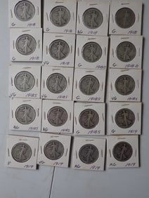 1919, 1918, !918-S, and 1918-D Walking Liberty Halves (20 coins)