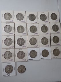 1930s and 1940s Walking Liberty Halves (22 coins)