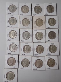 1963, 1963-D, and 1964 Franklin & Kennedy Halves (21 coins)