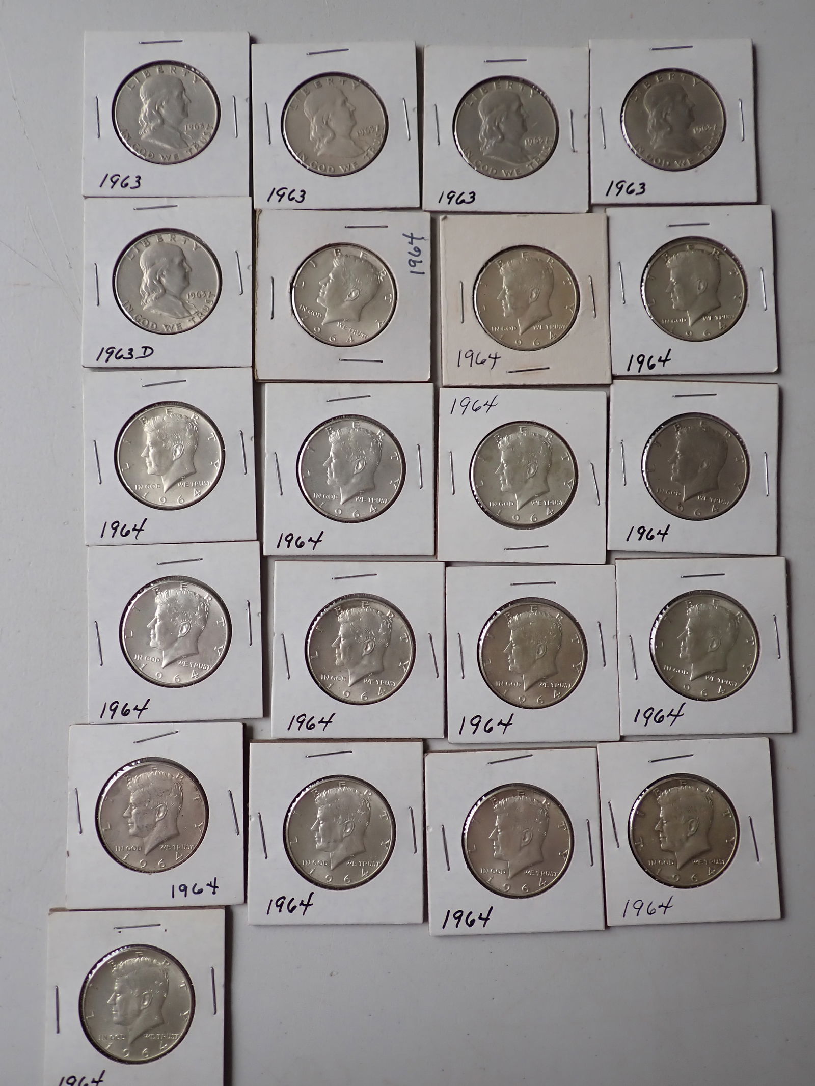1963, 1963-D, and 1964 Franklin & Kennedy Halves (21 coins) (1 of 9)