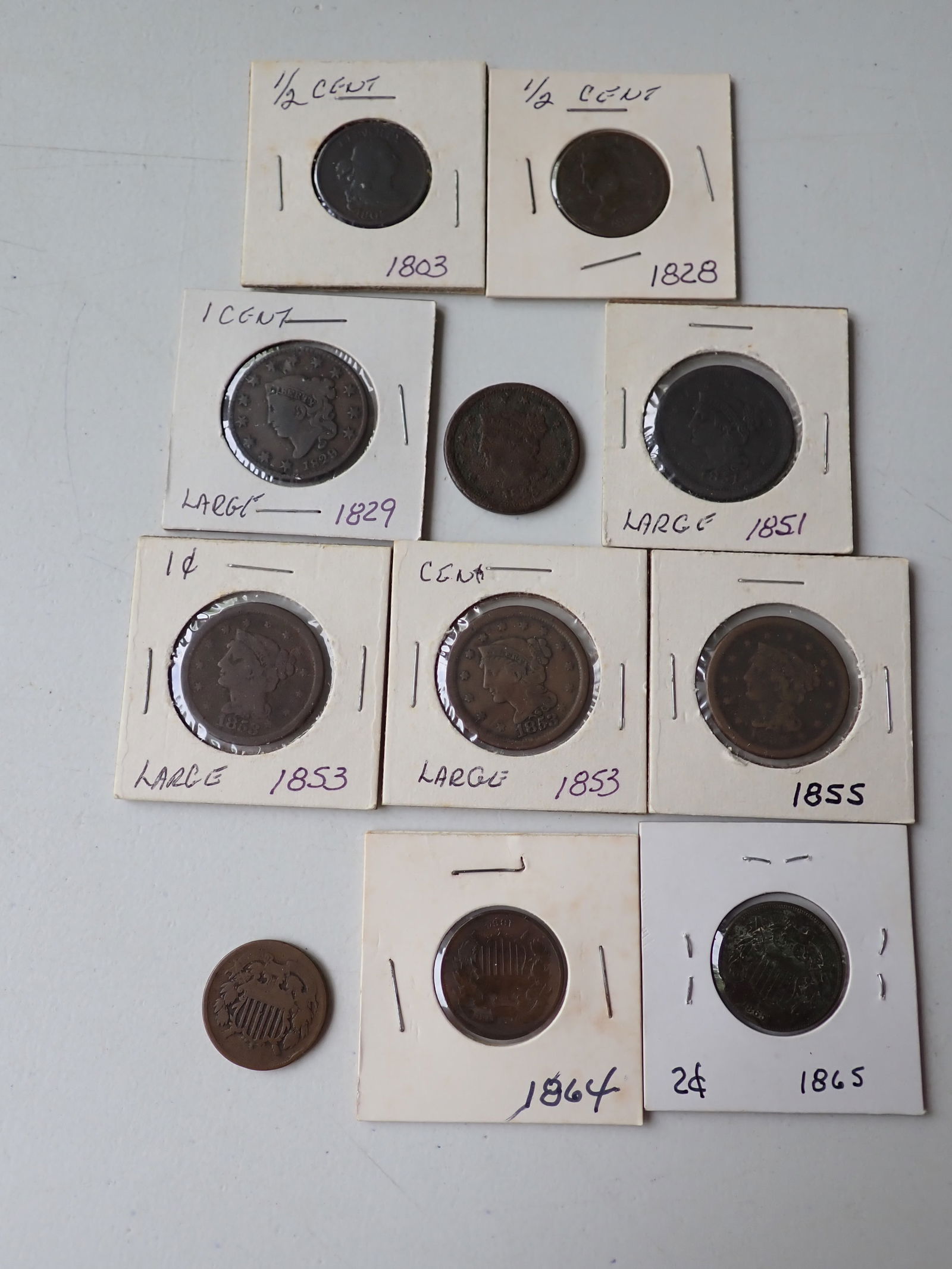 Large Cents: 1829, 1851, (2) 1853, 1855, and other. & 1/2 Cents & 2 Cents (1 of 19)