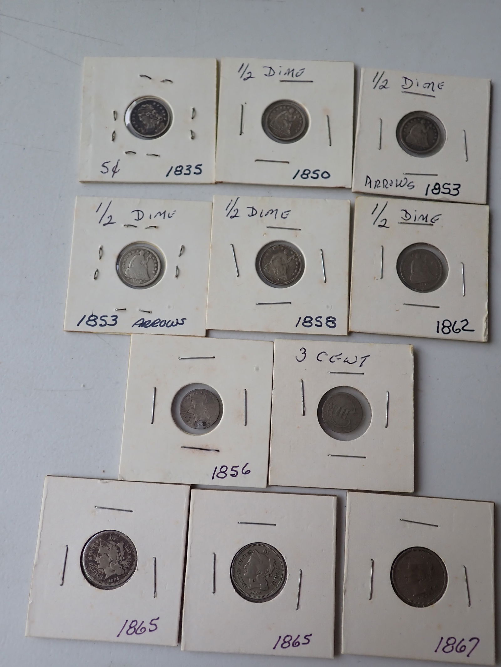 (5) Silver 3 Cent Coins & (6) Half Dimes (1 of 17)