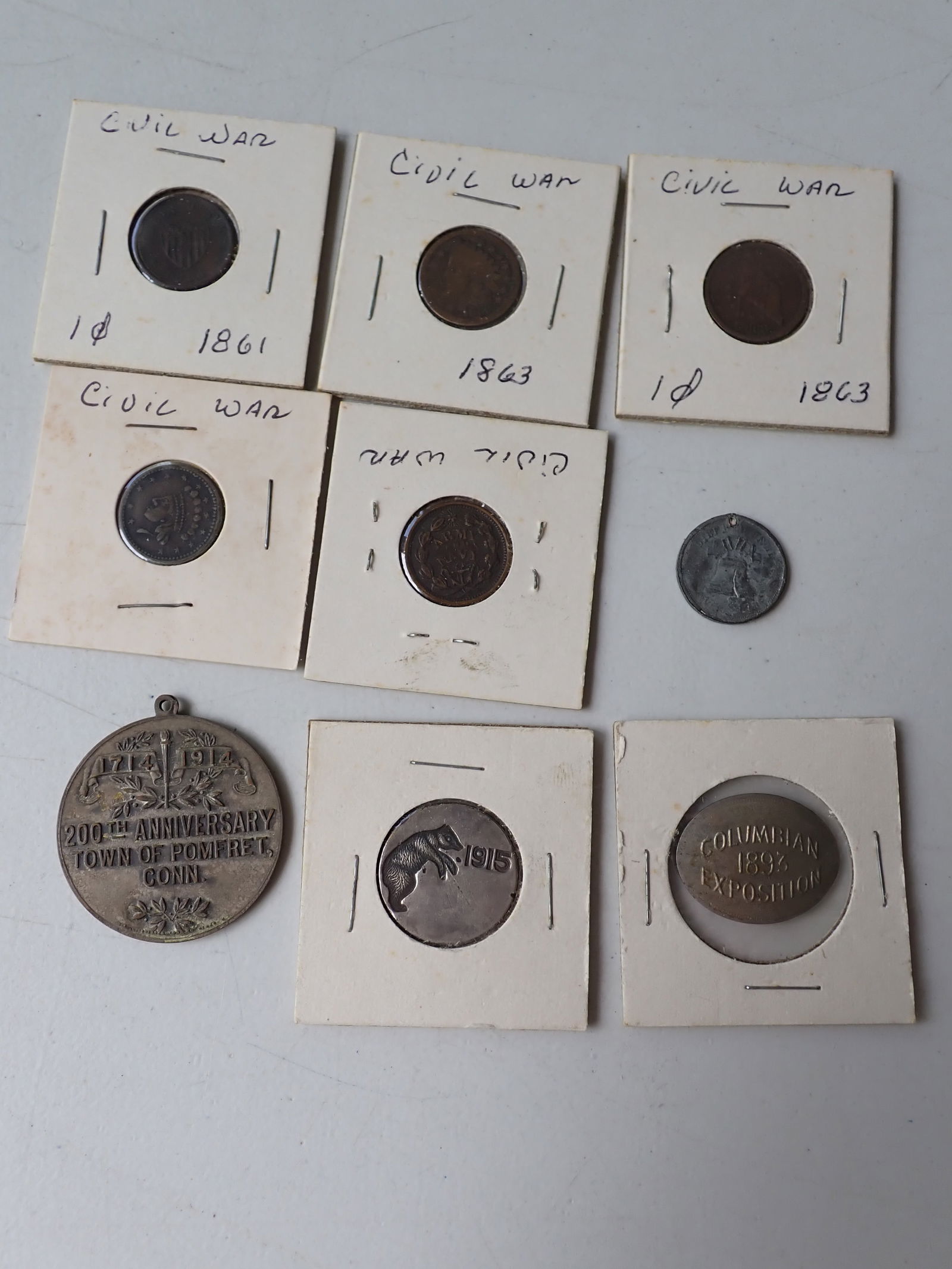 Civil War tokens, 1914 Pomfret, CT Bicentennial, & other Tokens (1 of 14)
