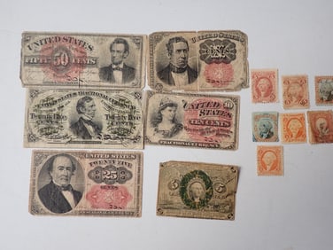 50 Cent Abraham Lincoln & other Fractional Currency & Stamps
