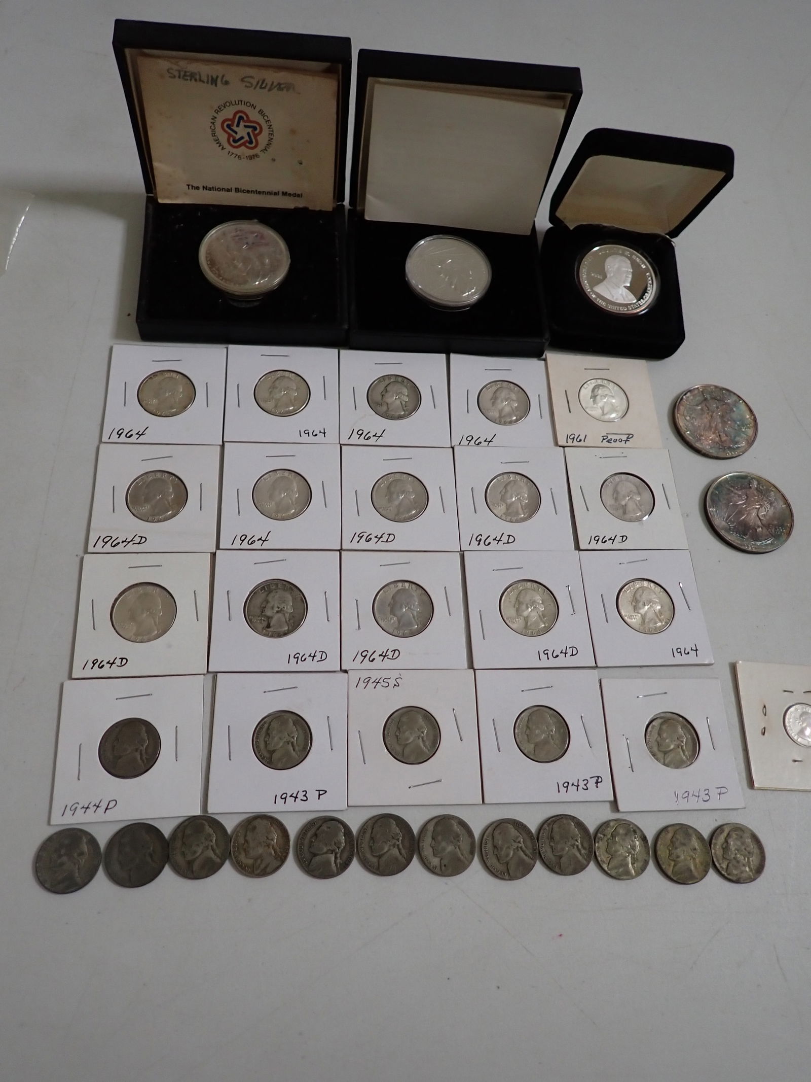 2 Silver eagles, Silver Medals, Quarters, and Nickels (1 of 10)