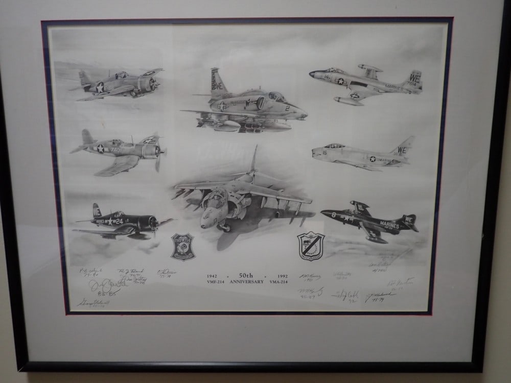 1942-1992 50th VMF-214 and VMA-214 Anniversary signed print: Signed by several pilots and the artist. Limited Edition #4/750 24" x 29"