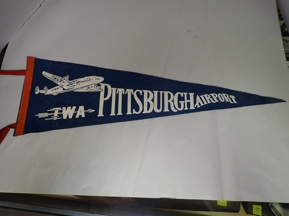 TWA Pittsburgh Airport Pennant: 25" excluding tassels-4 pin holes but over all in good condition