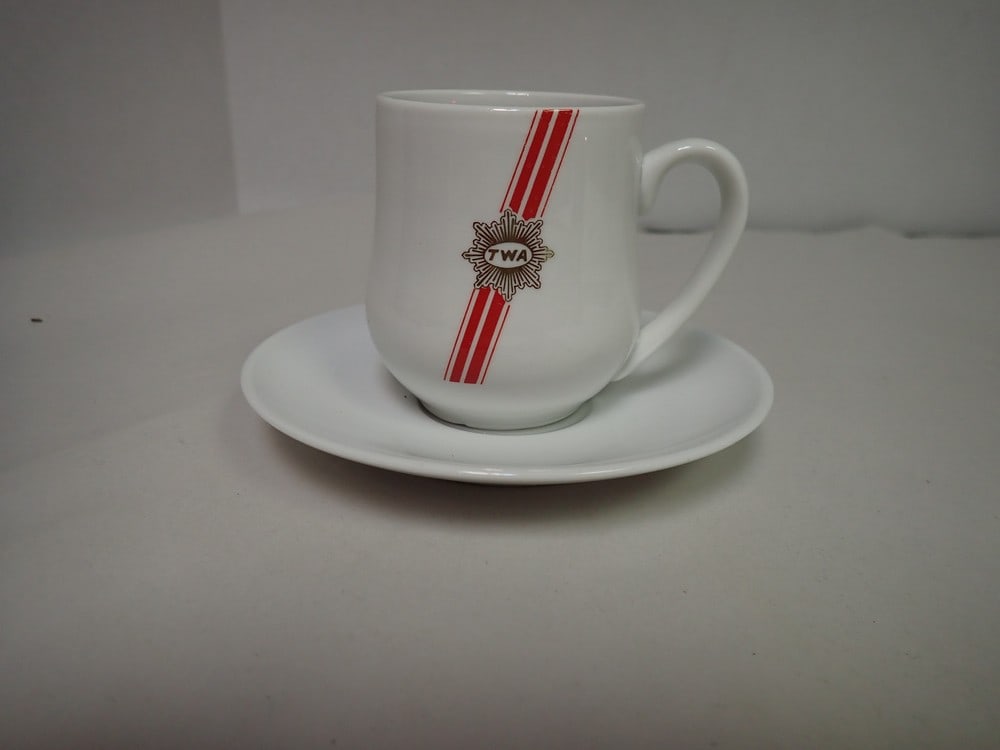 TWA Cup and Saucer: Cup marked TWA 44-1695 Racket Saucer Rego TWA 44-1694 Taiwan small nick on base of cup 3" and 5 1/4"
