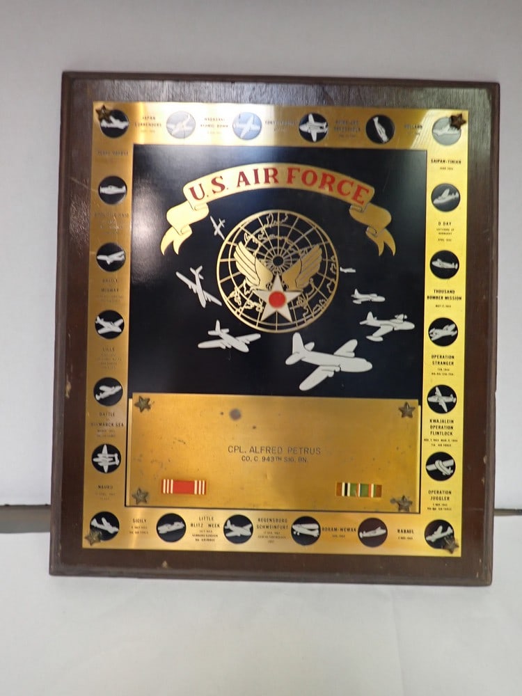 CPL Alfred Petrus Air Force Plaque: Co "C" 943th Signal BN-shows important WWII events from bombing of Pearl Harbor to Japanese surrender. Shows normal wear for age. 15 1/4" x 13 1/4"