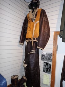 WWII B-17 Wool Lined Leather Flying Suit, Helmet, Goggles Boots, "Mae West" Life Preserver