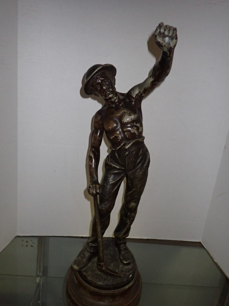 Spelter Miner's Statue: Shows wear with paint loss, has hole on base, 22"H