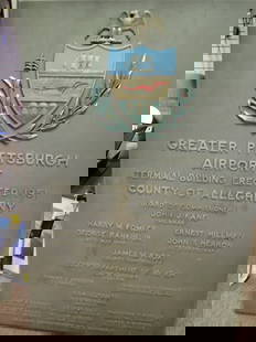 "Greater Pittsburgh Airport" Large Brass Plaque: "Terminal Building Erected 1951, County of Allegheny", 55H x 36"W Good
