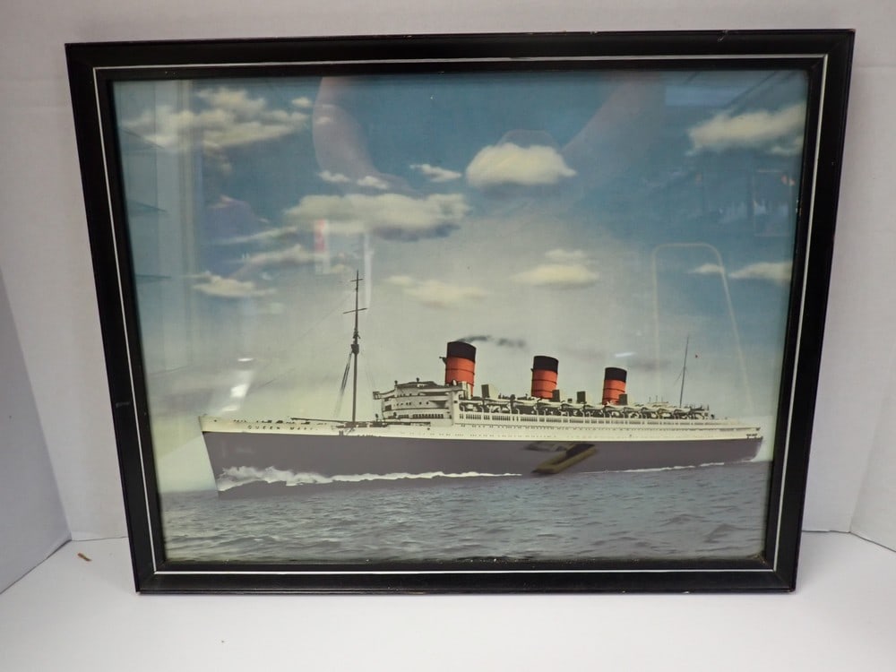 Vintage colored Queen Mary Print: Wood frame 14x18, shows water marks on back that do not appear on front.