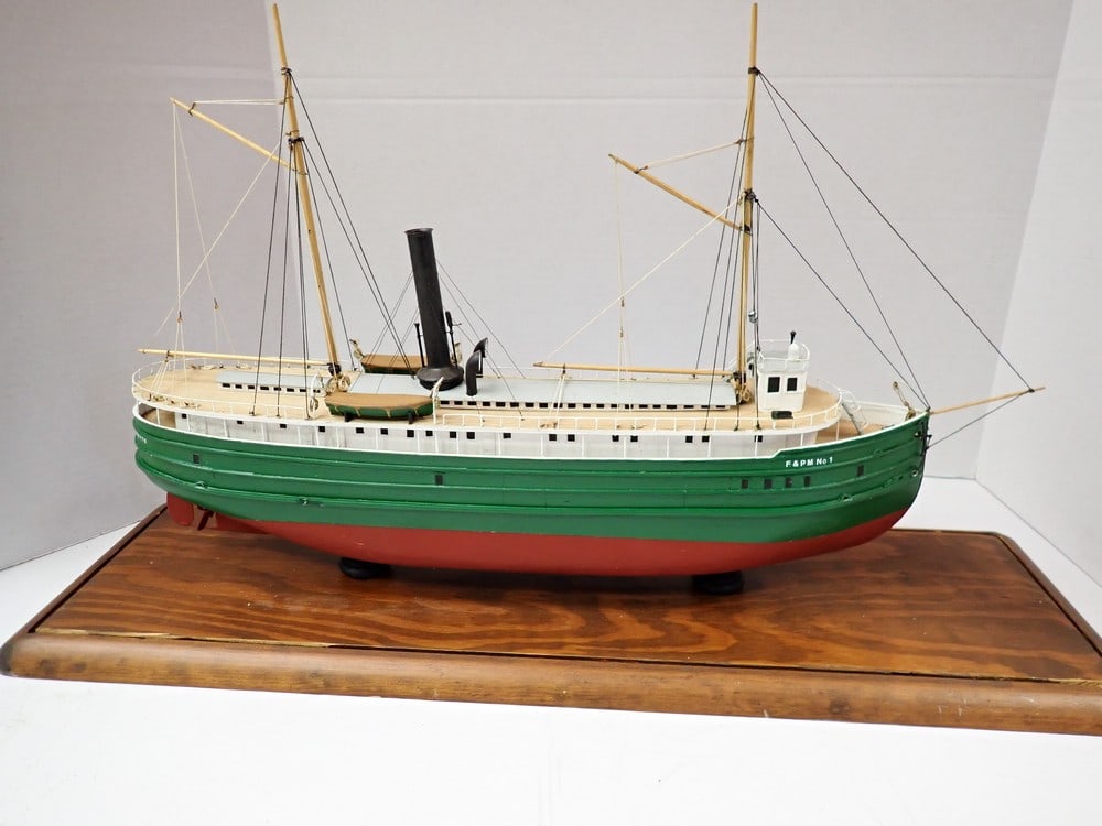 Flint & Pere Marquette No.1 Ship Model: Detailed model with thin pieces of wood for deck Boat-22" Base- 26 1/2" x 8".