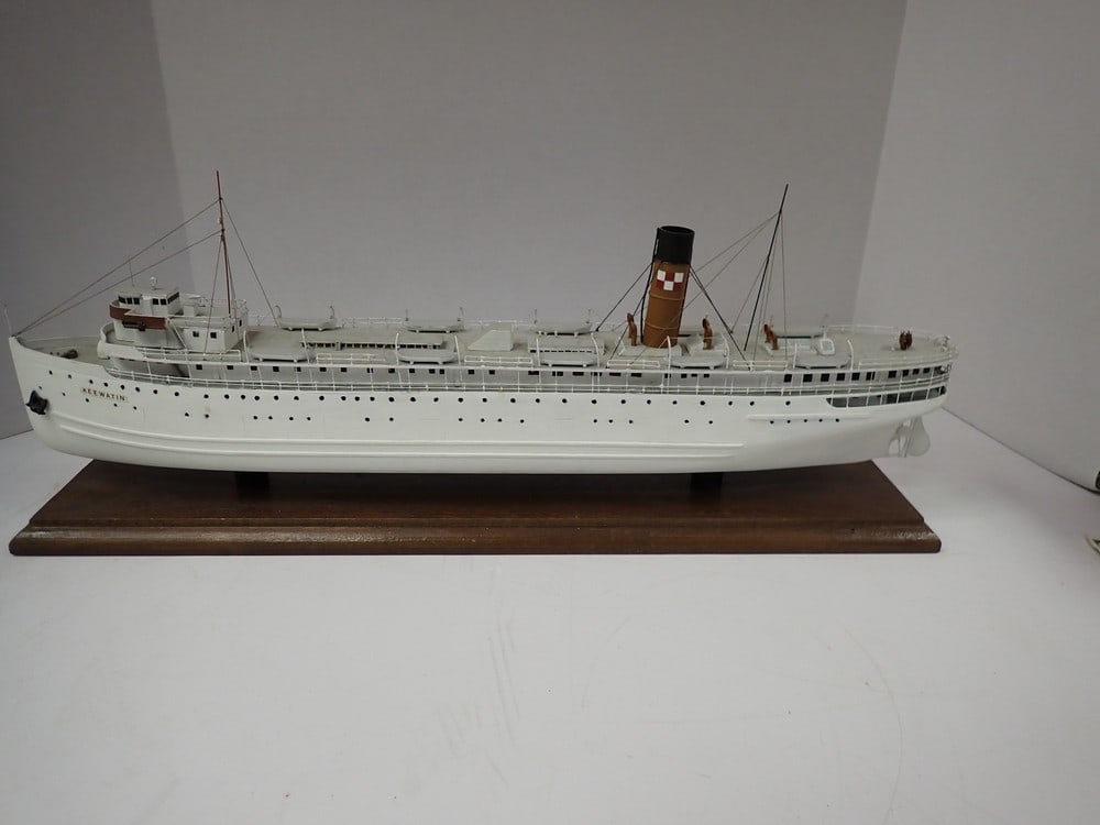 "Keewatin" Wooden Passenger Boat: Detailed with painted windows, stain spots on deck. Wooden boat: 21" Base: 21" x 4"