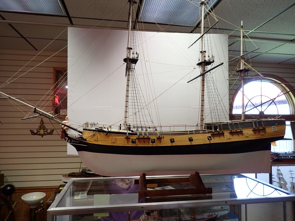 Large "Rattlesnake" Sailing Ship: Plank and frame construction purported to be built in the 40's. Detailed design with masthead and cannons. 72" L approx 50 " base to top of mast