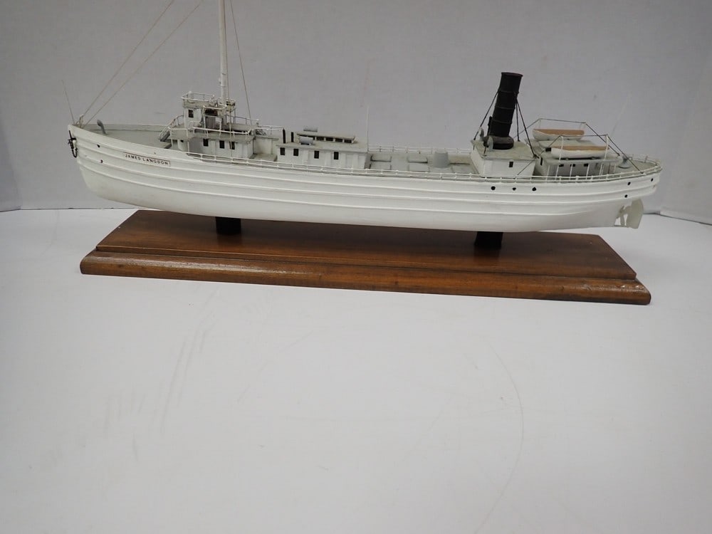 "James Langdon" Freighter: Finely crafted, some soiling on top. Boat: 16 1/2" L. Base: 15 1/2" x 3 1/2"
