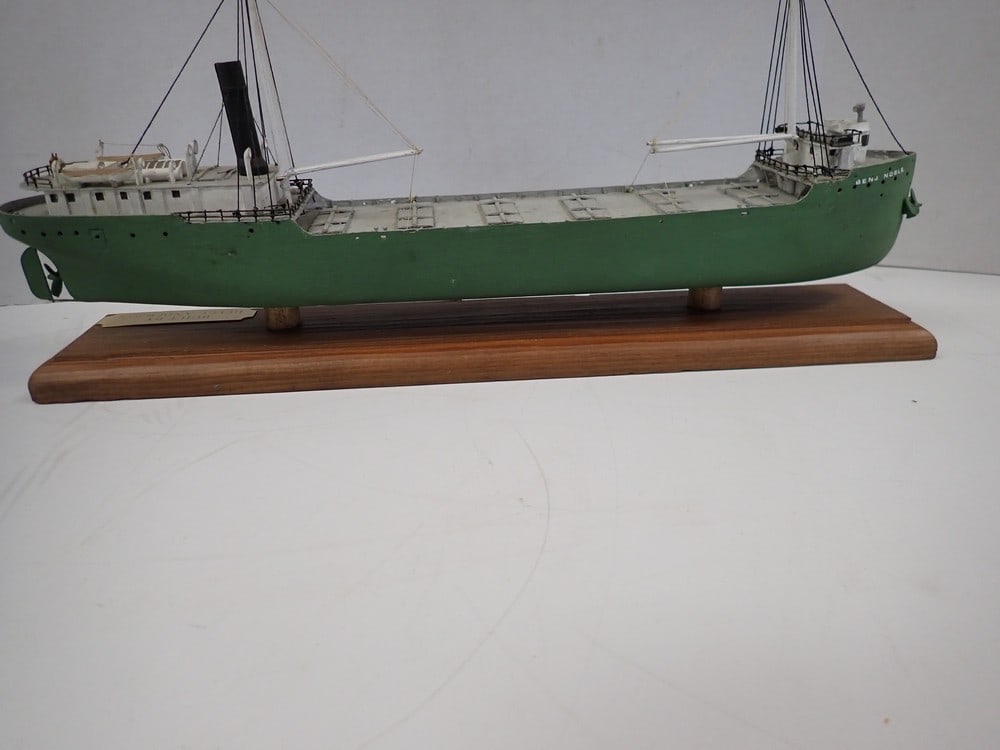 "BENJ Noble" Freighter: Finely crafted with some soiling on top built by Helge Anderson. Ship 16" L Base 16"x 13"
