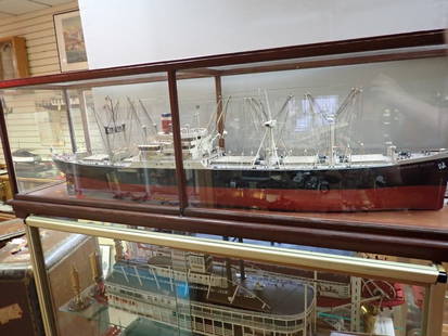 Large "American Scout" Freighter Ship Model: Custom built case in glass. Wood case 56" x 13". Ship 51"