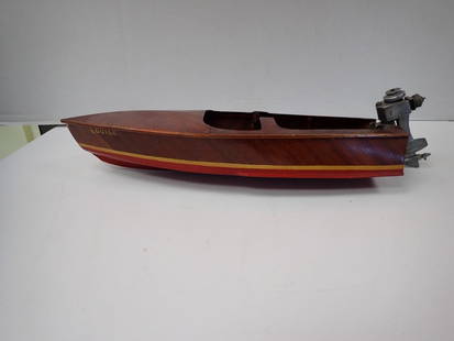 Vintage Lake Boat Model with engine: "Louise" Pittsburgh, Pa. "Sea Fury" Metal Motor attached, not gas powered. 20" L, 22" including motor