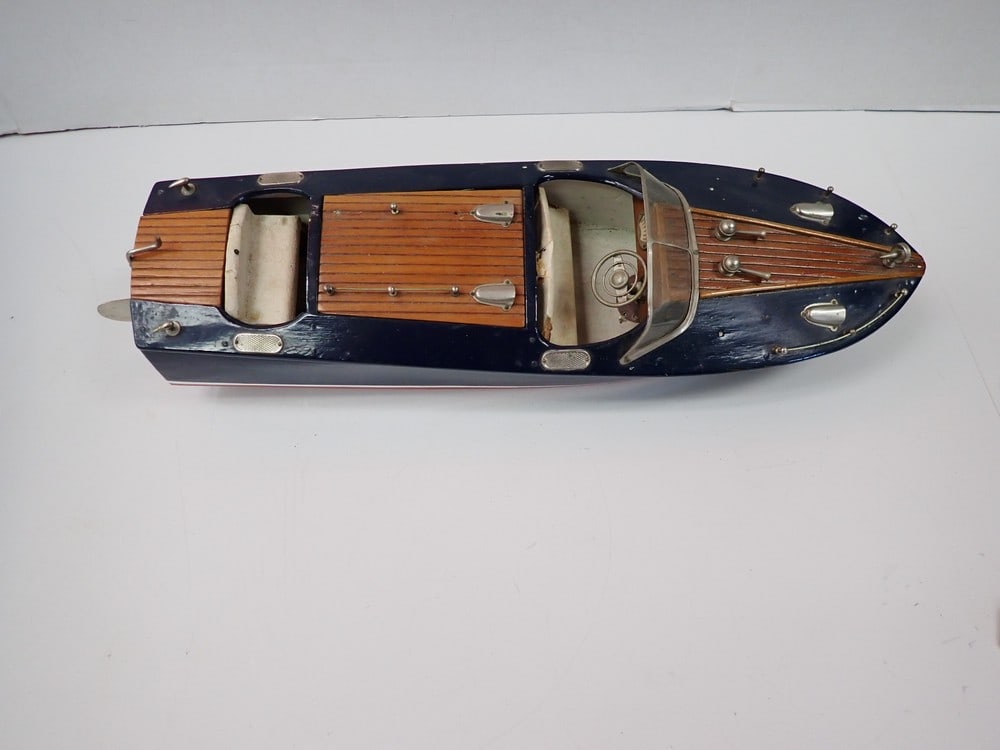 Vintage Wooden Power Boat: Wood, Metal and plastic missing some railing, seat has damage 17 1/2 L