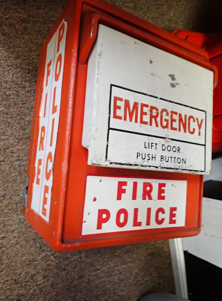 "Oremco" Fire Call Box: When handle is lifted has button to call fire or police. Back cover is loose and has some other wear