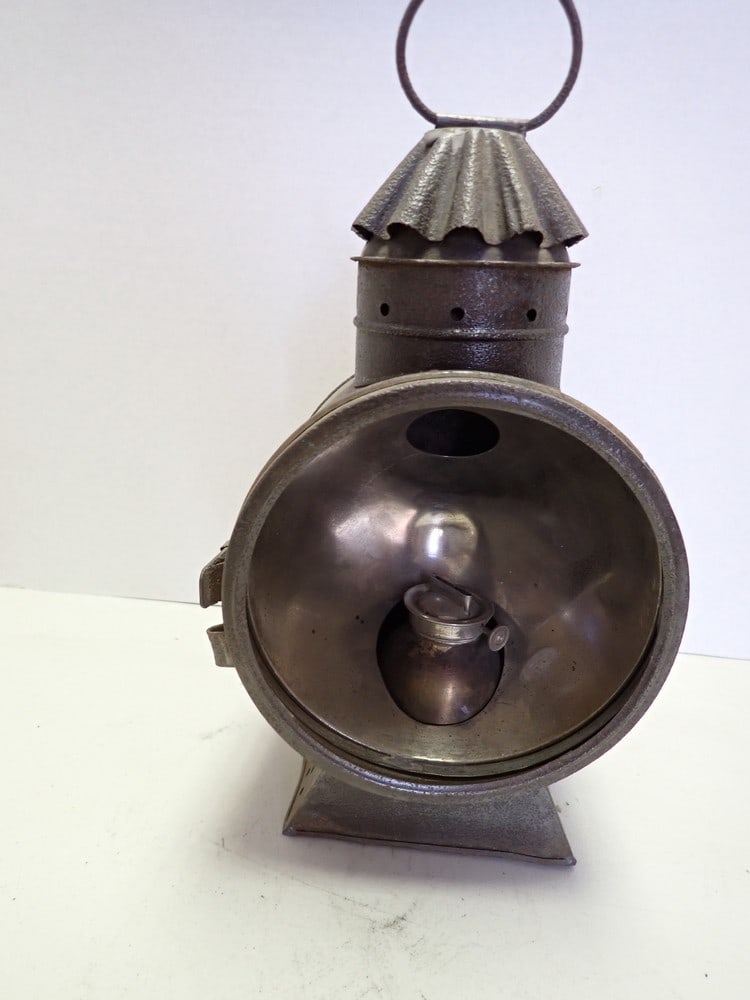 Early Reflecting Railroad Lantern: Tin with reflective back with brass burner; no lens. 11" including handle