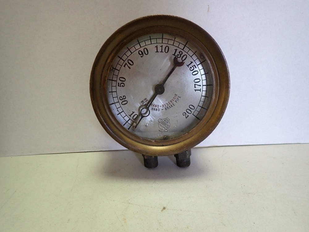 Brass Railroad Brake Pressure Gauge: Ashcroff Mfg. Co." Dia. 6". Marked "Right Hand-Reservoir" "Black Hand-Brake Pipe