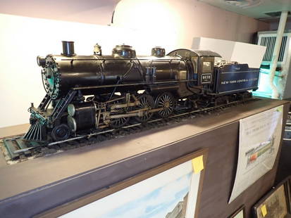 Large Scale Mechanical P & L.E. New York Central Steam Engine: Driving wheels turn when electrical switch is flipped. Made of sheet metal and brass. Finely detailed. Purported to be from Pittsburgh and Lake Erie Headquarters at Station Square in Pittsburgh, PA. H