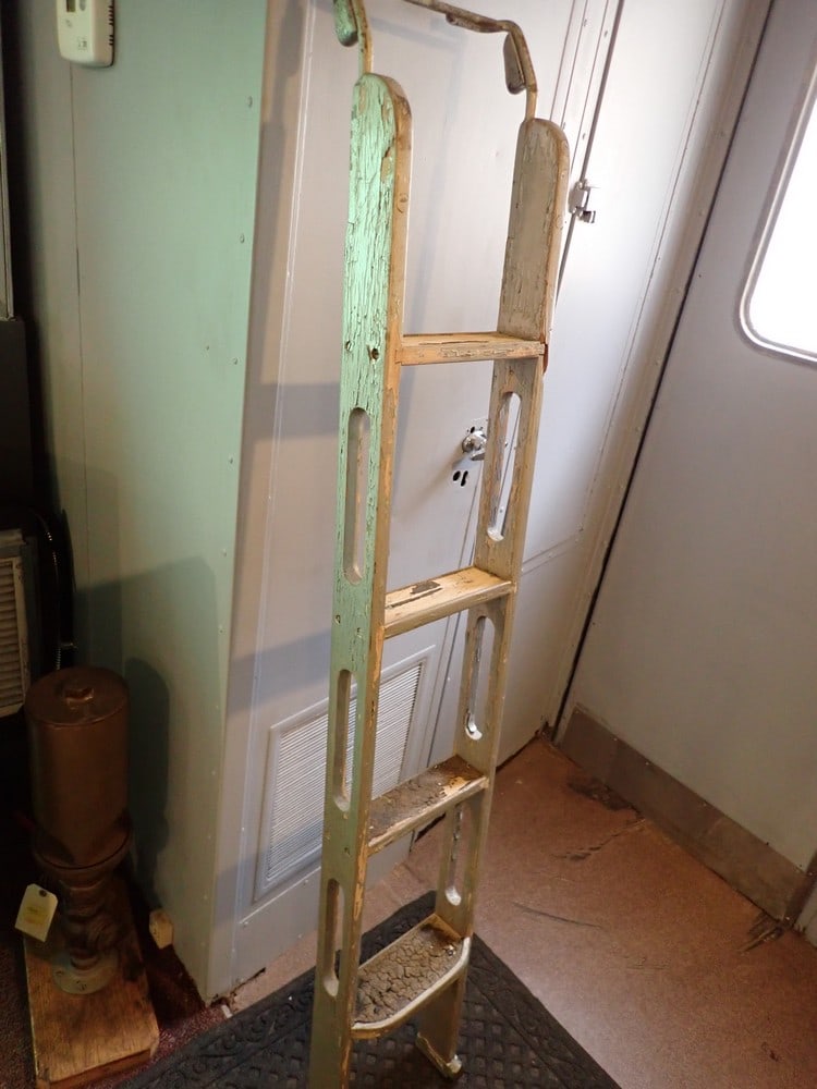 Wooden R.R. Passenger Car Ladder: Has some wear with crack in wood, gripping material missing. 63" H.