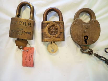 3 New York Central R.R. Brass Padlocks: One marked "N.Y.C. RR."One marked P. & L.E. RR Signal Dept." purported to be a N.Y.C. but unmarked2 with working keys.