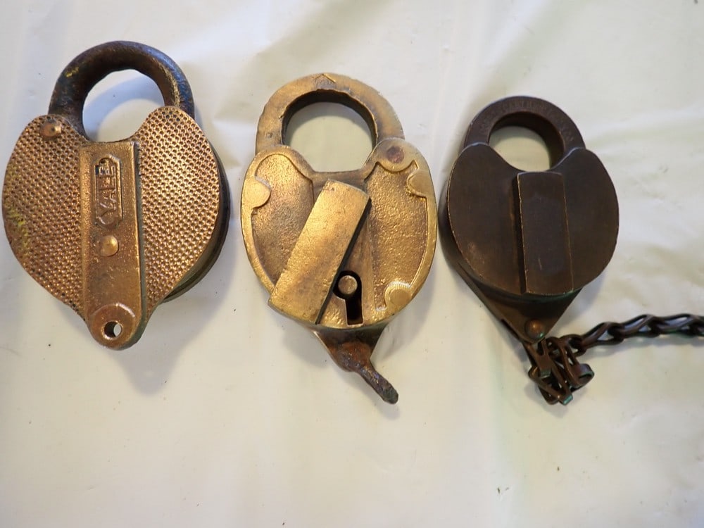 3 Brass Padlocks: Have manufacturer marks but no R.R. line marks
