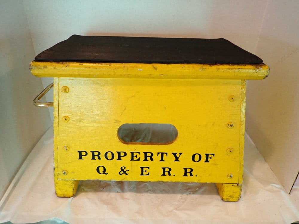 Q&E" R.R. Stool "Quakertown & Eastern R.R.: marked wooden step stool 11"Hx15"Wx9"D, marked on both sides