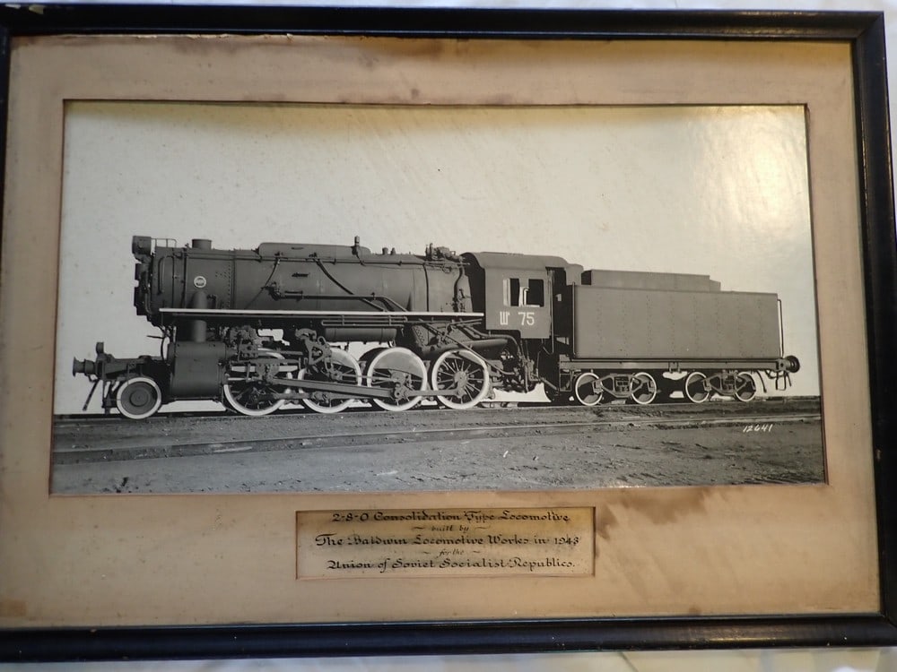 1943 2-8-0 Baldwin Locomotive Photo: Built for Union of Soviet Republic, has some foxing on photo, staining on matte 16" x 23"