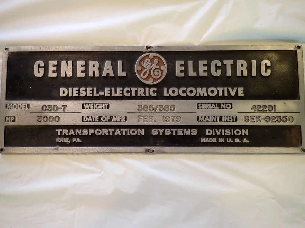 General Electric Diesel - Electric Locomotive Plate: Steel PLate from Feb. 1979 for Model C-30-7 Locomotive