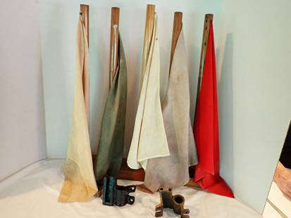 Railroad Signal Flags & Iron Flag Holders: 5 signal flags mounted for display. One Brass & one Iron flag holder fading & staining on flags, base L 19 3/4