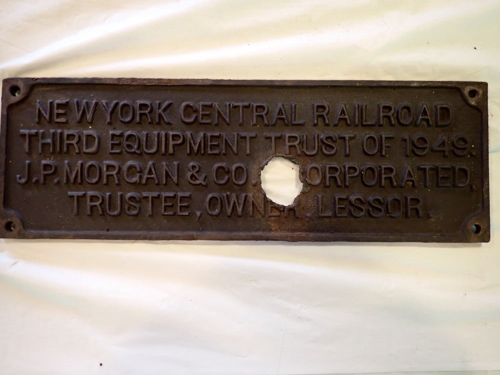 1949 New York Central R.R. Equipment Plate: 1 1/2" hole in middle 5 1/4 x 16"