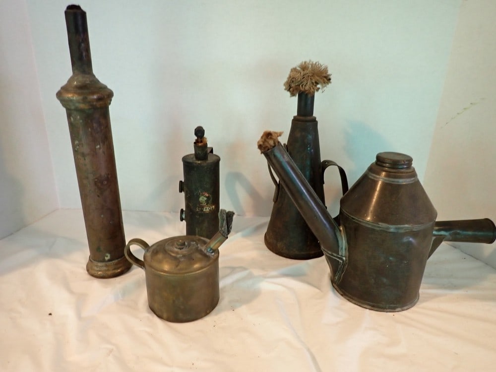 5 Antique Emergency R.R. Flares: 2 Tin cans, Brass Tin Can, Brass Cylinder & Metal Handled can marked "Alcohol," marked "P.R.R. Logo", marked "L.V."