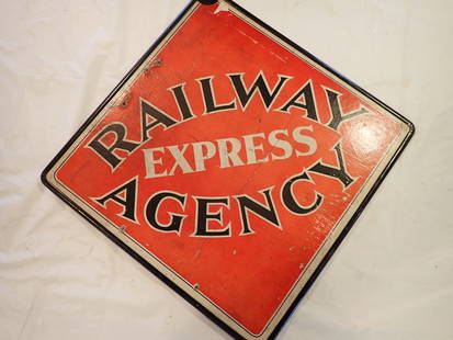 Railway Express Agency double-sided sign: Cardboard sign in metal frame shows some wear with a few holes on one side 14" x 14"