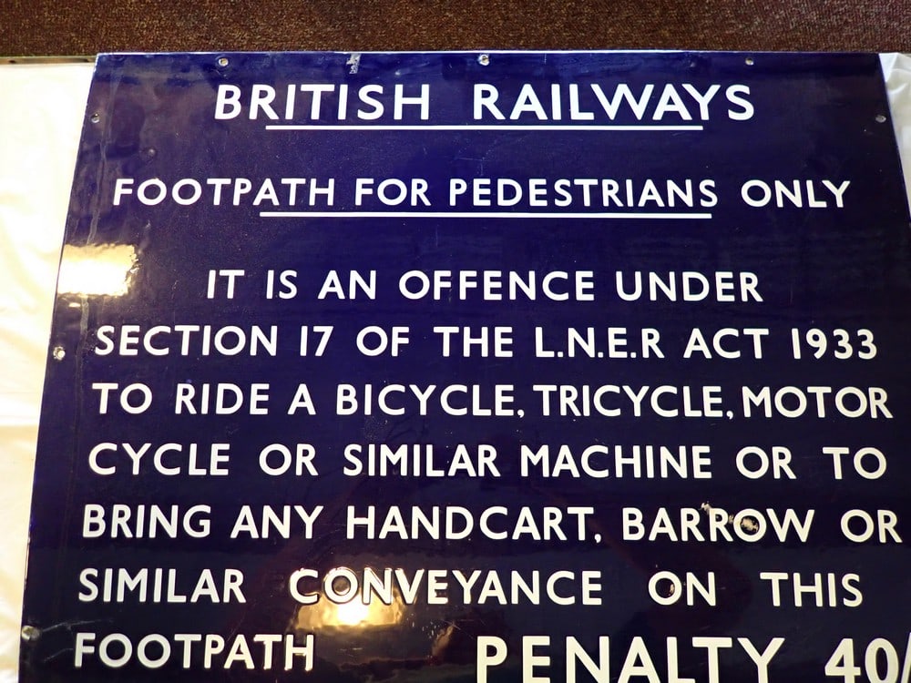 "British Railways" Pedestrians Warning sign: Enamel Sign, some chipping of enamel. Warns People of Act 1933 not to ride bicycles, tricycles or motorcycles on footpath 24x30